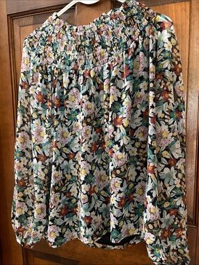 LOFT Black Floral Smocked Blouse